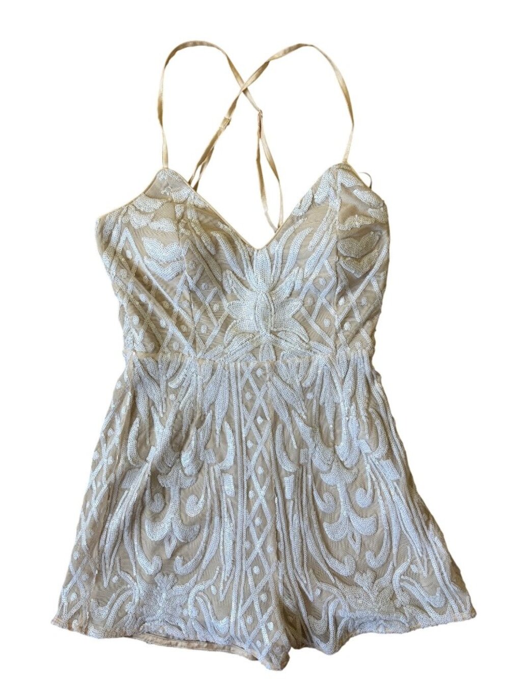 Lulus Catch a Spark White Beige Sequin Romper Small Modern Bridal Bacherlorette